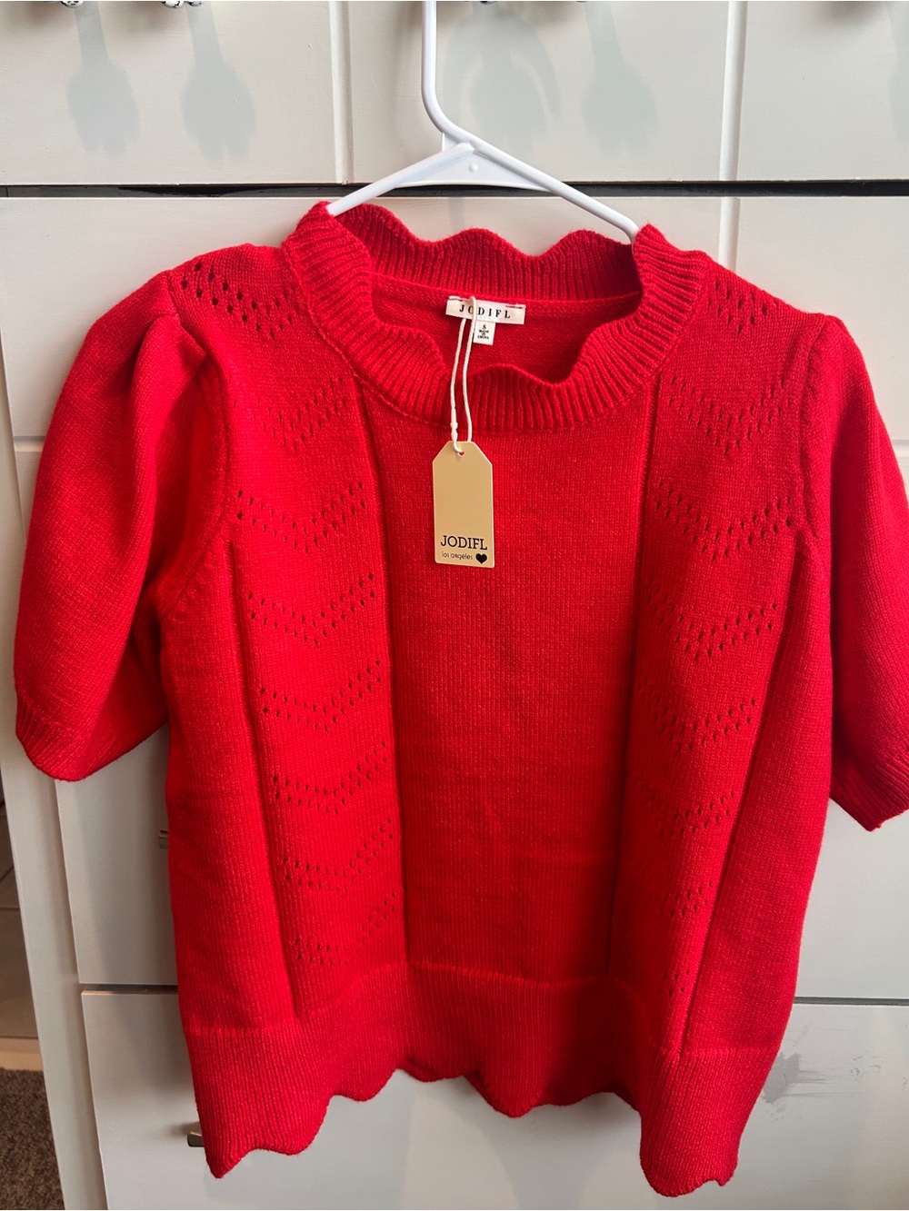 JODIFL Red Scalloped Short Sleeve Knit Top